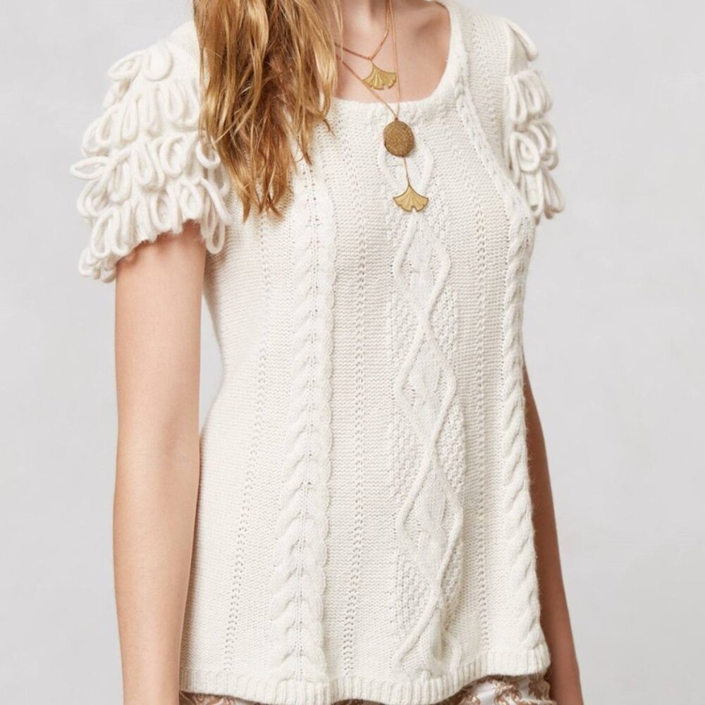 HWR by Anthropologie Looped Epaulet Cable Knit Short Sleeve Sweater Cream